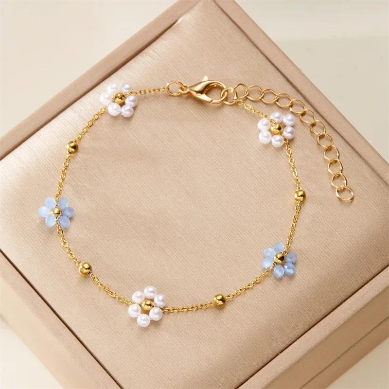 Pulseiras Flor de Cristal Imitação Pérola Doces Fofas para Mulheres Cor Dourada Moda Corrente Pulseira com Pingente Colar Joias