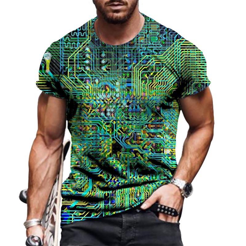 Summer Round Neck 3D Circuit Board Print T-shirts Fashionable Casual Short Sleeved Men's T-shirts