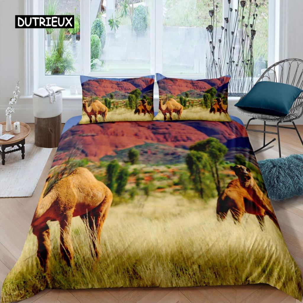 Camel Duvet Cover Set Sunset Desert Adventure Tehme Quilt Cover King Size Wildlife Animal Bedding Set for Children Teens Young