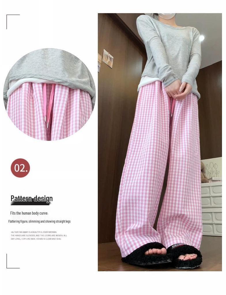 Women's Summer High-Waist Plaid Casual Pants: Slimming Straight or Wide Leg Draped Design