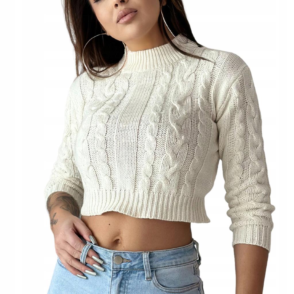Modny ciepły sweter damski krótki crop półgolf damski warkocze ecru xl