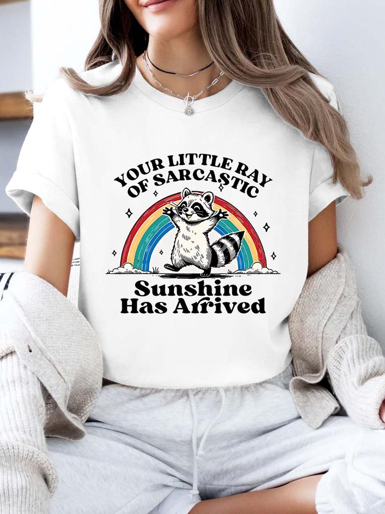 Humorous Raccoon Rainbow Graphic Tee Women Tshirt Short Sleeve Tops Tees