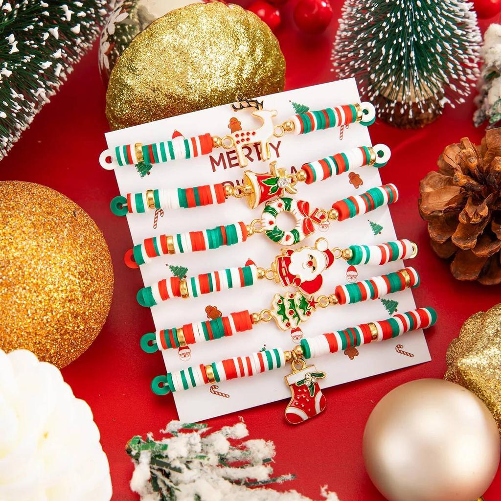 Ingemark Set da 6 Pezzi Albero di Natale Babbo Natale Stivali Braccialetto Moda Carino Braccialetti in Argilla Polimerica Gioielli per Feste di Capodanno