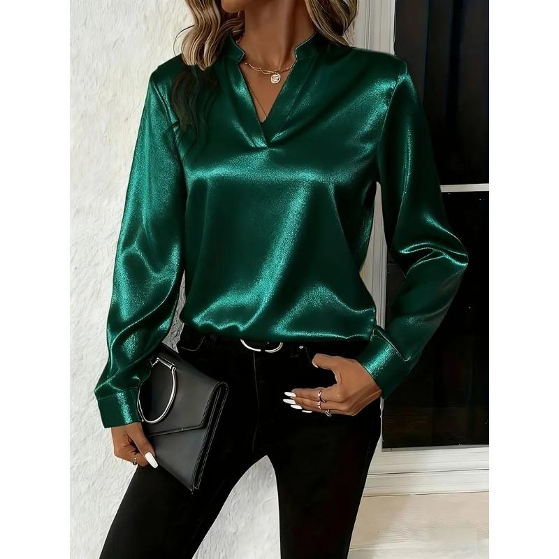 New Spring and Autumn Loose V-neck Office Womens Blouse Simple Long Sleeved Shirt Fashion Casual Solid Color Elegant Clothing
