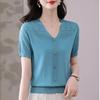 Summer Women's V-neck Knitted T-shirt Top T-shirt Solid Color Top