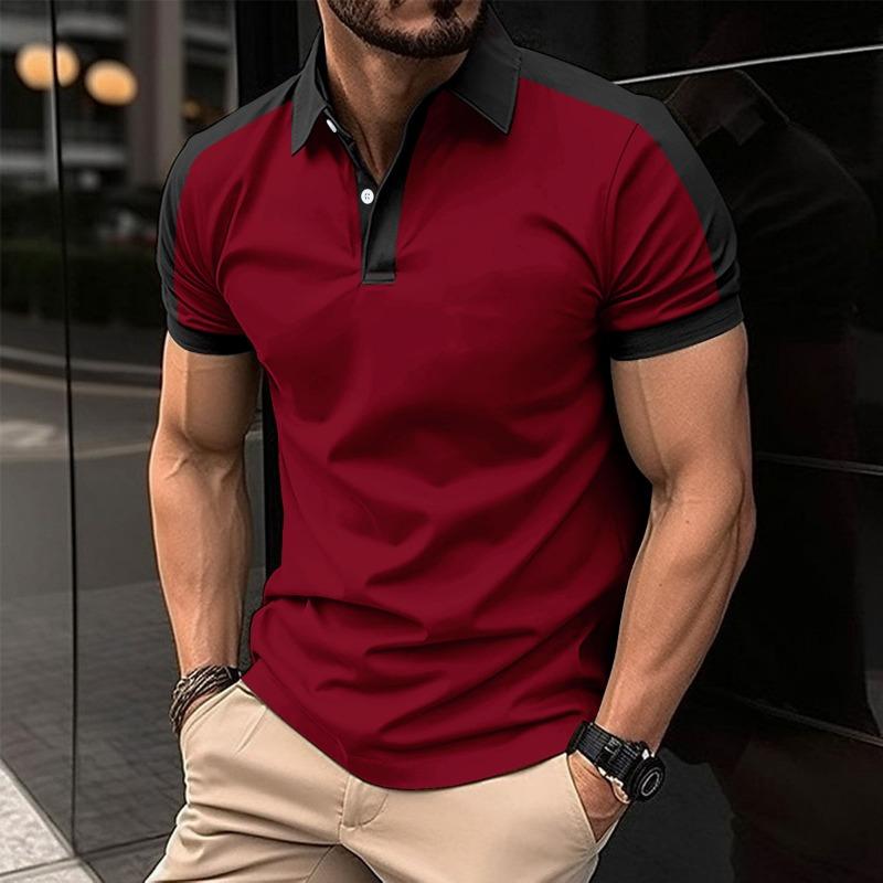 Men's Casual Polo Shirt Fashionable Lapel Button Business Color Blocked Versatile T-shirt Top