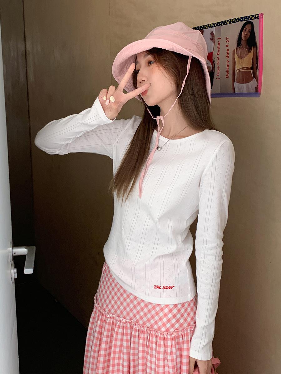 

Женская футболка с круглым вырезом и длинными рукавами в корейском стиле, белая, жаккардовая текстура, весенняя, облегающая, базовый слой, вышитый топ XL белый