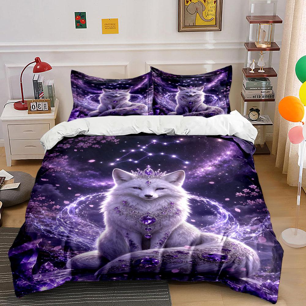 Ethereal Fox with Amethyst Crystals Bedding Duvet Cover Set (1*Duvet Cover 2*Pillowcases, Without Duvet Insert)