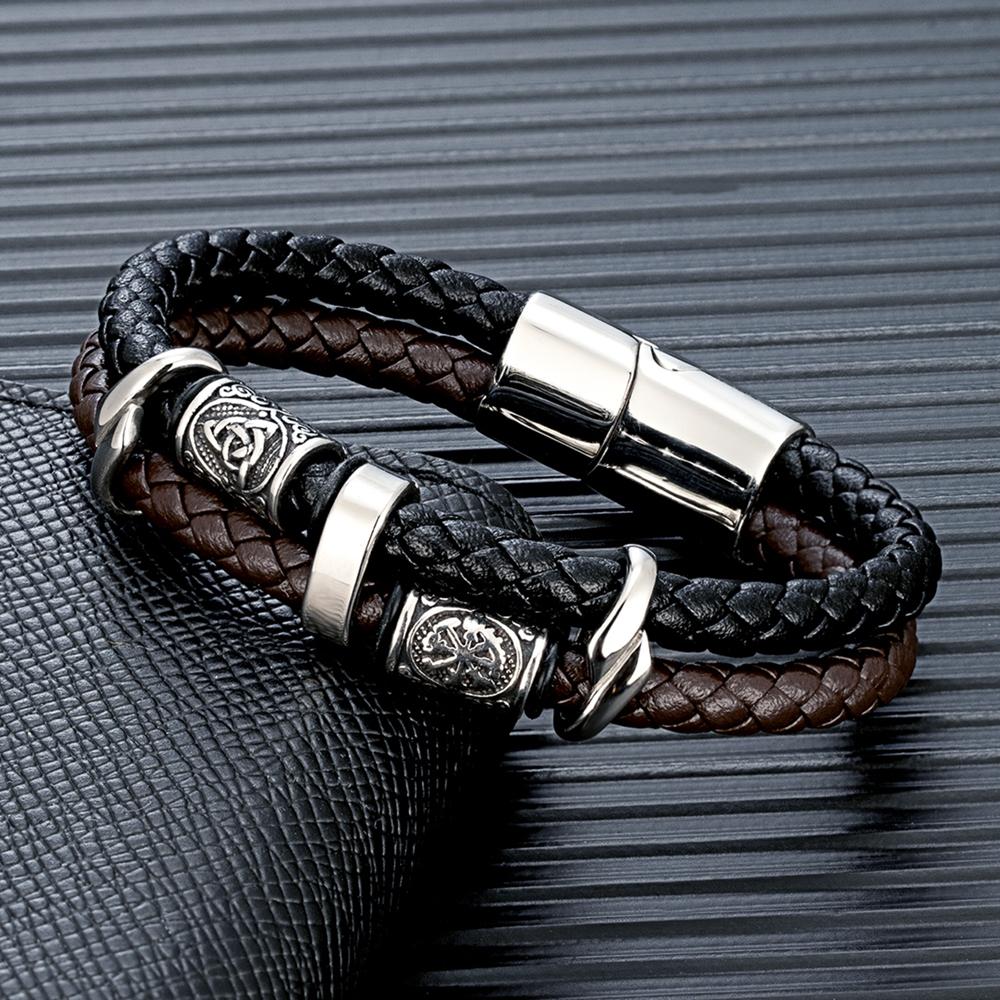 Bracciale Vichingo Punk Acciaio Inossidabile Bussola Rune Norrene Perline Amuleto Pelle Intrecciata Multistrato Uomo Braccialetti