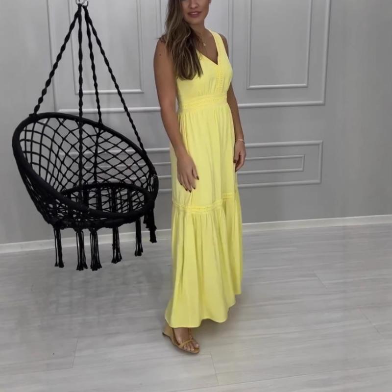 Summer Yellow V Neck Sleeveless Maxi Dress Lace Trim Tiered Boho Beach Long Dress S