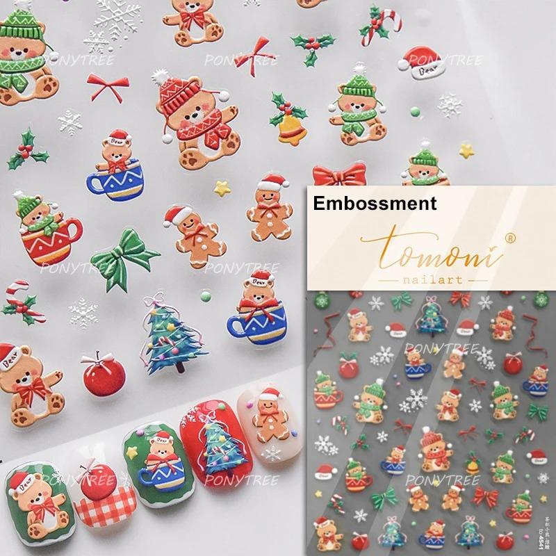 Gold Stamped Snowflake Stars White Christmas Tree Red Bowknot Cute 3D Nail Art Stickers Xmas Lovely Manicure Decals