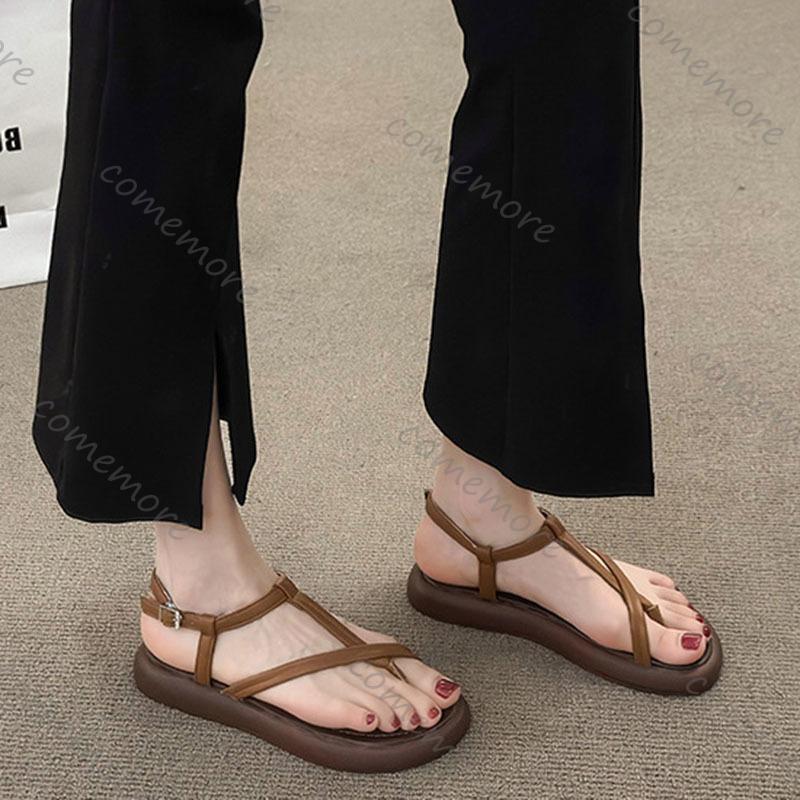 Fashion Comemore Flat Bottom Clip Toe Sandals Fro Women Casual Summer New Fashion Cross Strap Soft Sole Beach Shoes Solid Roman Sandales