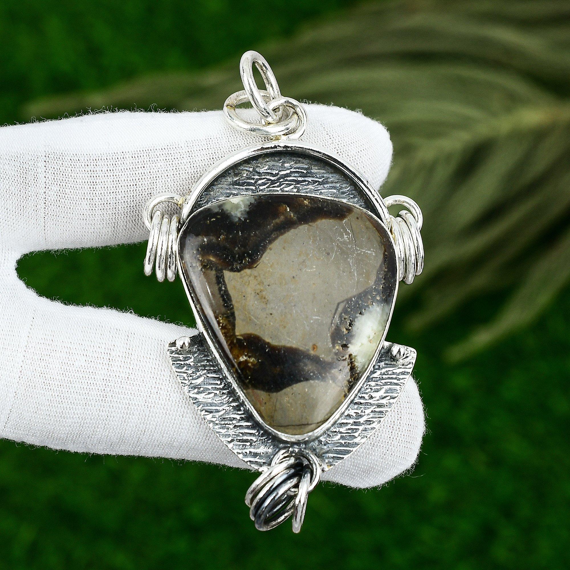 Подарок на годовщину для нее Натуральный септариановый драгоценный камень Подвеска Стерлинговое серебро 925 пробы