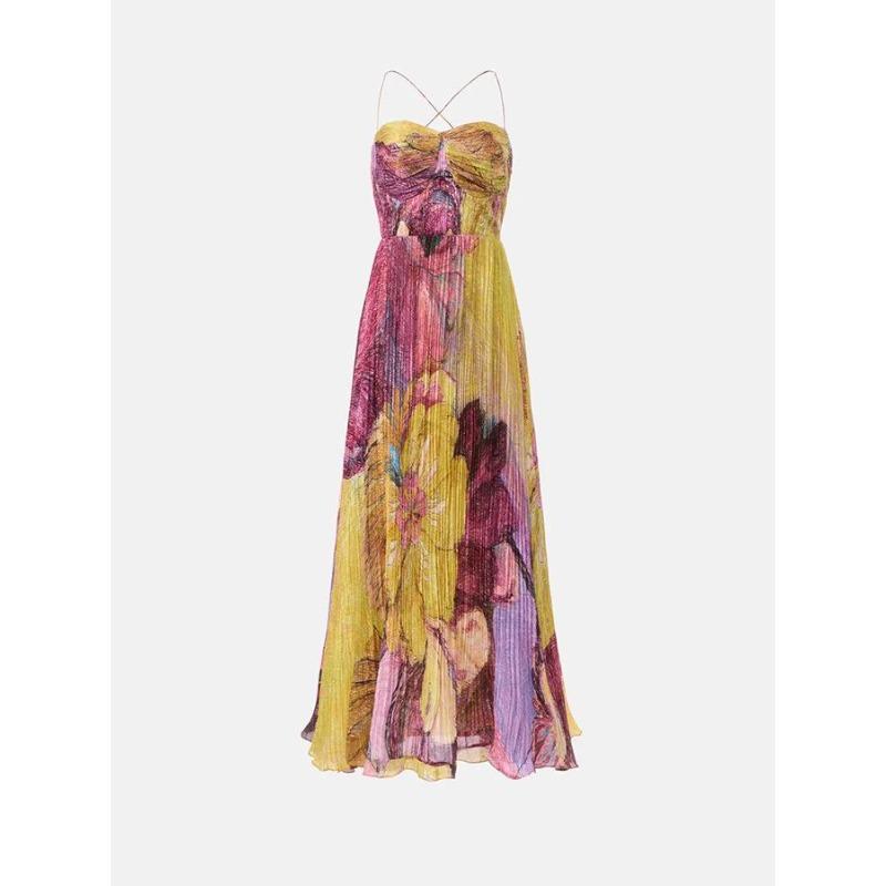 Europäisches und amerikanisches Damen-Spaghettiträgerkleid mit Print, plissiert, ärmellos, schwingend (Plus Size Style 8162)