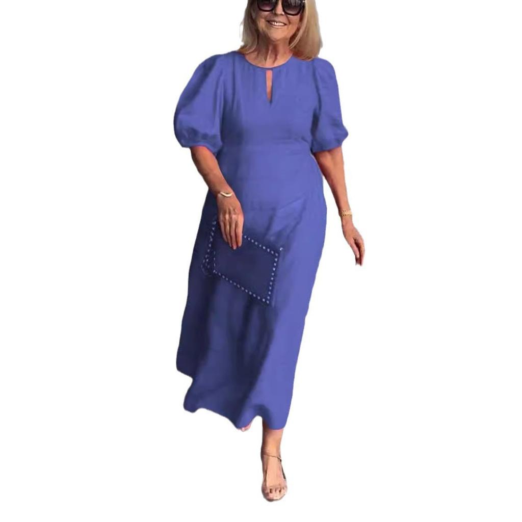 Damen Frühlings-Sommer Einfarbig Locker Sitzend Bequem Lässig Rundhals Pullover-Stil Kleid mit Puffärmeln