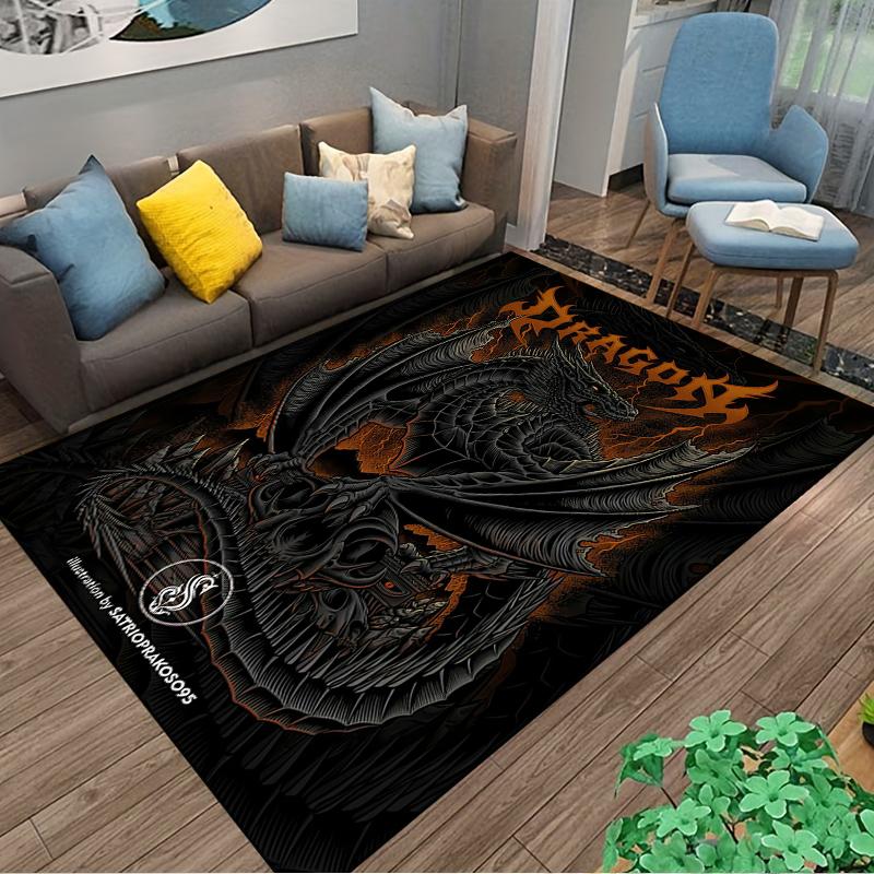 Black Dragon On Skulls Dark Fantasy Orange Fire Art soft floor mat for home living space grunge rock band retro print printed wall carpet floor mat