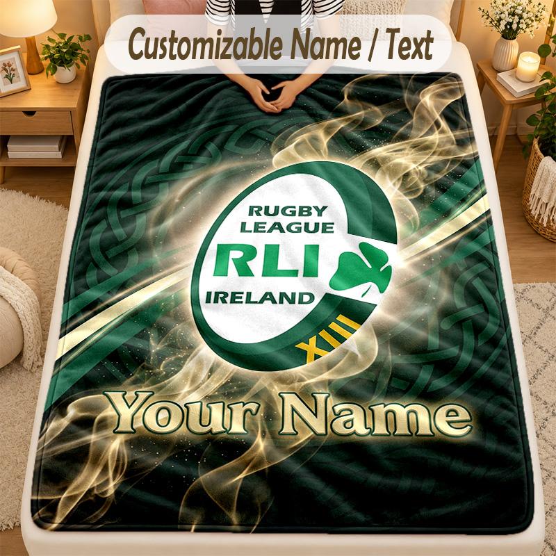 Flannel BlanketIreland Rugby Custom Name Text Personalized Soft Warm Throw Blanket Home Decor Gift