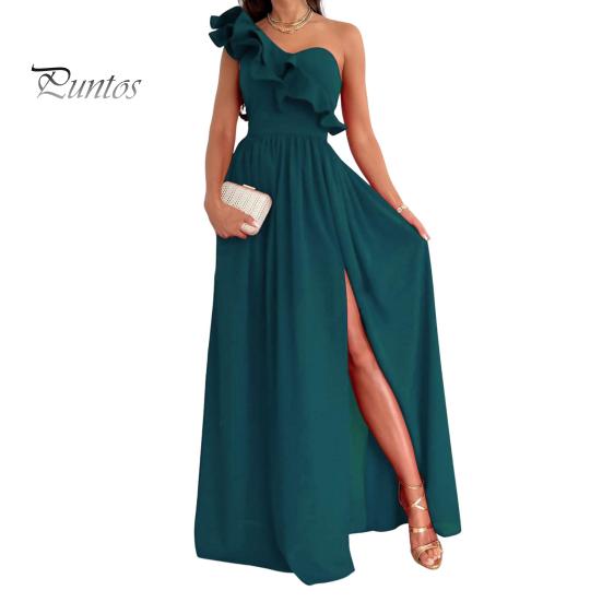 

Женское вечернее платье на одно плечо с рюшами и плиссировкой с высокой талией, однотонное трапециевидное платье без рукавов с большим подолом для выпускного вечера, коктейльное платье макси, бальное платье M зелёный