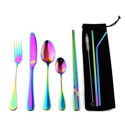 Portatile In Acciaio Inox 8 pz/set Arcobaleno Piatti E Posateria Set 18/10 Cucchiaio Forchetta Bacchette Paglia Da Viaggio Posate Da Campeggio Con Custodia