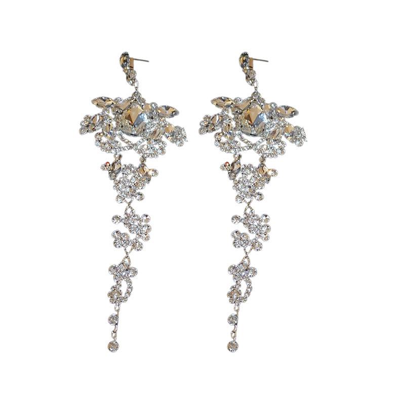 Elegant Silver Needle Diamond Embedded Waterdrop Tassel Earrings Fashionable Personality Hoop Earrings Luxury Sensation