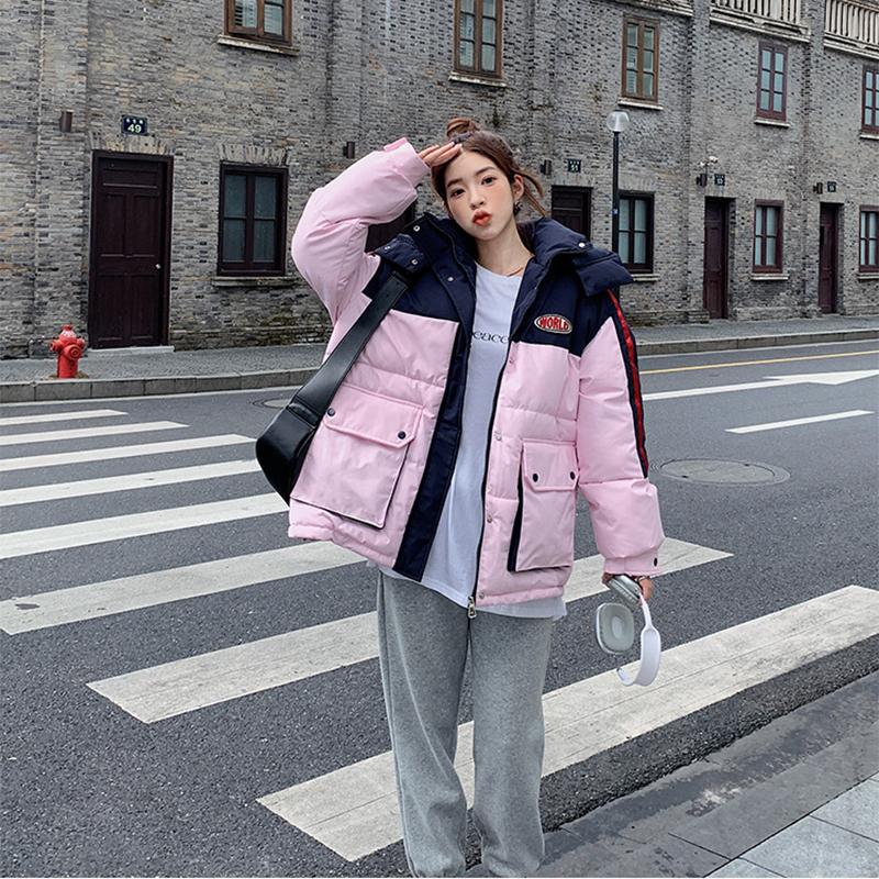 Jesienna i Zimowa Kurtka Bawełniana Puchowa w Bloki Kolorystyczne Wersja Koreańska Luźna i Gruba Kurtka Bawełniana Ciepła Kurtka Bawełniana Kurtka