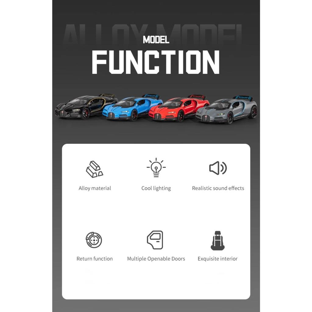 1/24 Bugatti Tourbillon With Spray Supercar Alloy Muscle Car Model Sound and Light Pull Back Children's Toy Collectibles Birthday gift