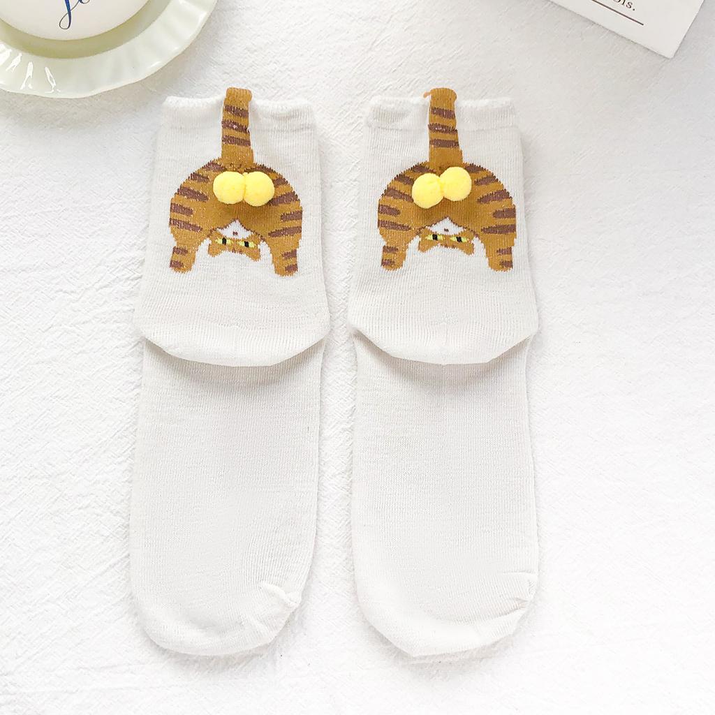 1/2 Paar 3D Süße Katzen Socken Schwarz/Weiß Lustige Katzen Socken Damen Mädchen Mittelschaft Schlafsocke Katzenaufdruck Bodensocke