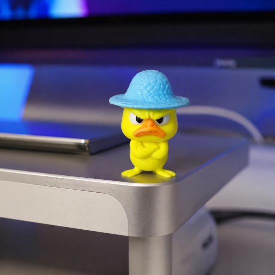 Angry Little Yellow Duck Figurine 4Pcs 3D Printed Figurines, Mini Grumpy with Straw Hat, Compact Ornament for Monitor Stand Cute Cross-Arms
