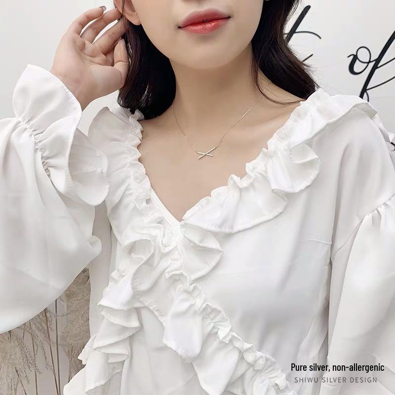Beixi S925 Sterling Silver Women's Crossed Lines Necklace with Rhinestones - Japanese Style Fashion Clavicle Jewelry.
