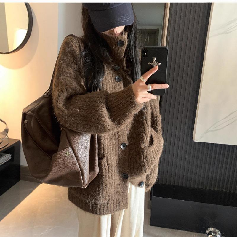 Korean Style Gray Soft Waxy Turtleneck Cardigan Sweater Jacket for Women Autumn and Winter Outer Wear Lazy Style Loose Mid-length Sweater