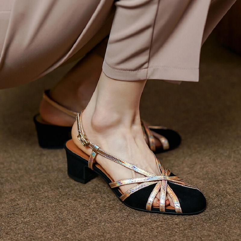 Fashion NEW Summer Women Sandals Round Toe Chunky Heel Shoes Sheep Suede Leather Shoes for Women Narrow Band Cover Toe Gladiator Shoes
