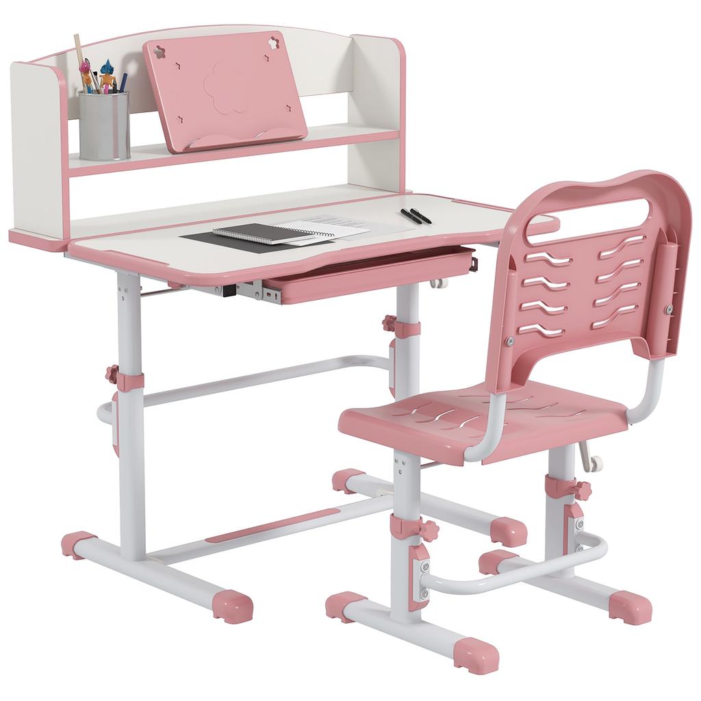 Height Adjustable Kids Study Table and Chair Set, with Drawer, Storage Shelf, 80 x 54.5 x 104 cm, Pink