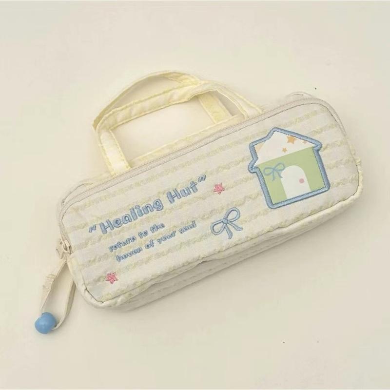 Cute Checkered Pencil Case, Quilted Handheld Stationery Bag with Cute House Embroidery жёлтый