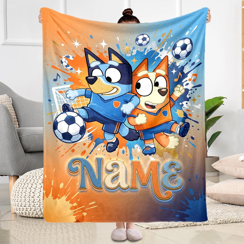 Soccer Fun Bluey Personalized Name Blanket Cozy Customizable Blanket Soft Warm Cozy for Seaside Office Picnics Couch for All Occasions