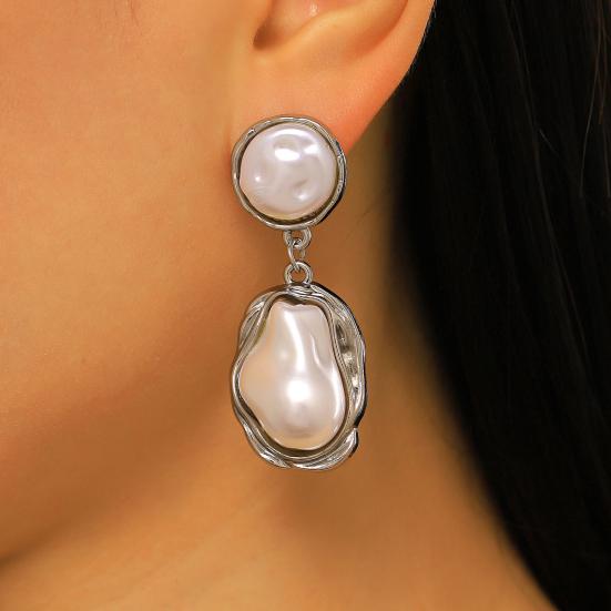 Yousheng 1 Pair Drop Earrings for Women, Irregular Baroque Imitation Pearl Design Stud Earrings, Double-Layered Pendant French Style Earrings for