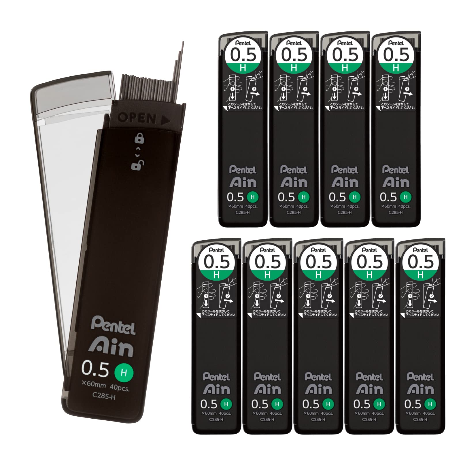 Pentel Ein Mechanical Leads, 0.5mm H, 10-Pack, C285-H чёрный