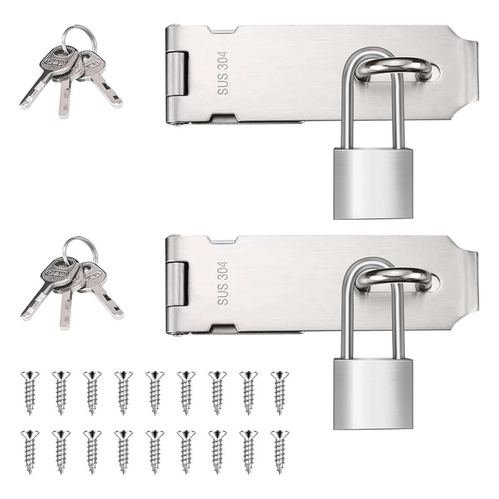 New 2 Sets 5 Inch Padlock Hasp Latch Locks, Stainless Steel Padlock with 1.5inch Long Shackle, Door Lock Latch Silver