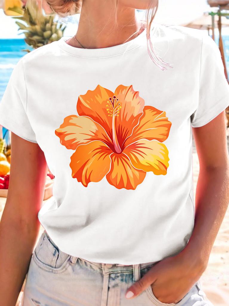 Vibrant Orange Hibiscus Flower Unisexs Crew Neck Short Sleeve T Shirt Tropical Summer Beach Graphic Tees For Ladies Daily Wear