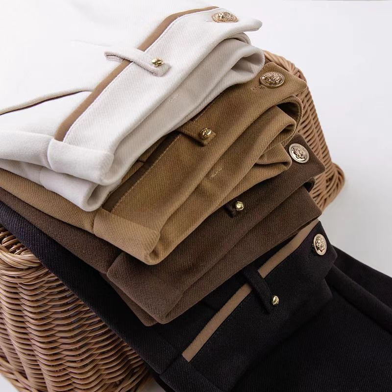 Luxurious Apricot Woolen Trousers for Women: Elegant High Waist, Skinny Cigarette-style Cut, Perfect for Autumn and Spring Seasons