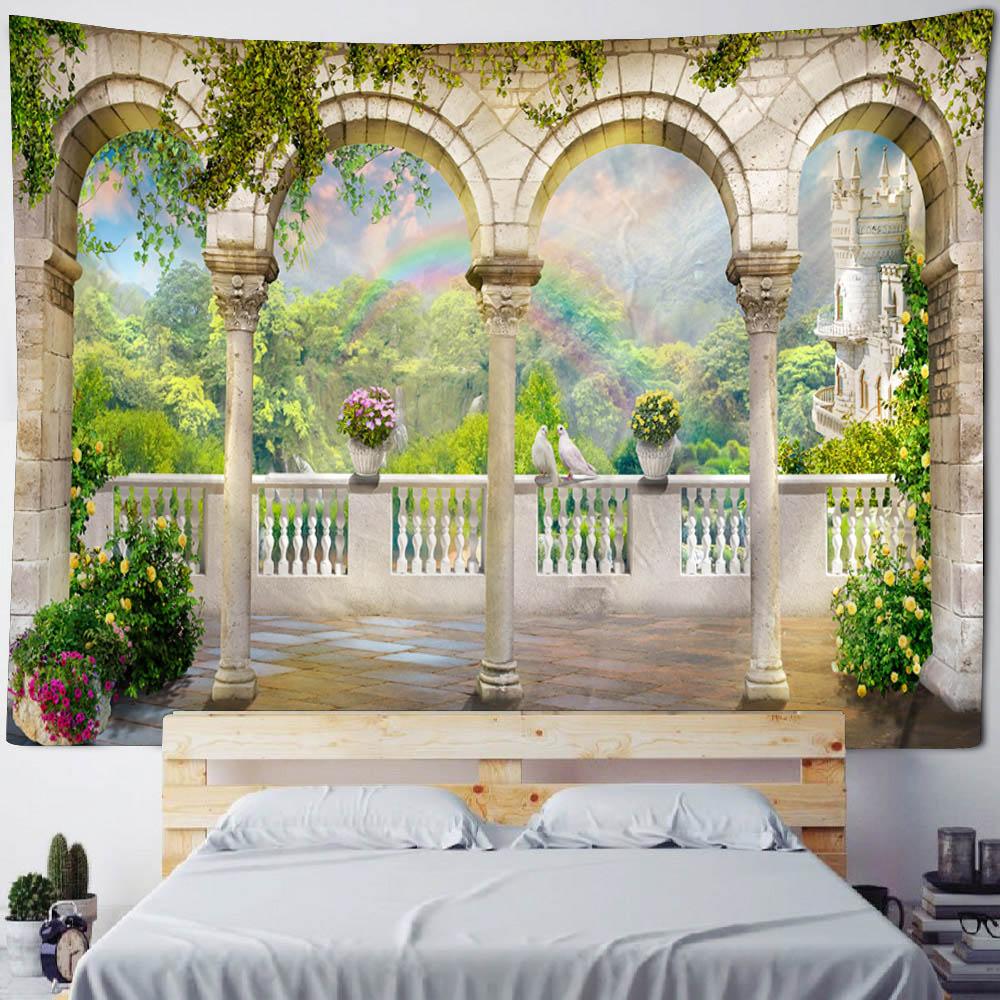 3D Landscape Tapestry, European Balcony, Aesthetic Home Art Decoration, Wall Hanging, Bedroom Living Room Background Poster