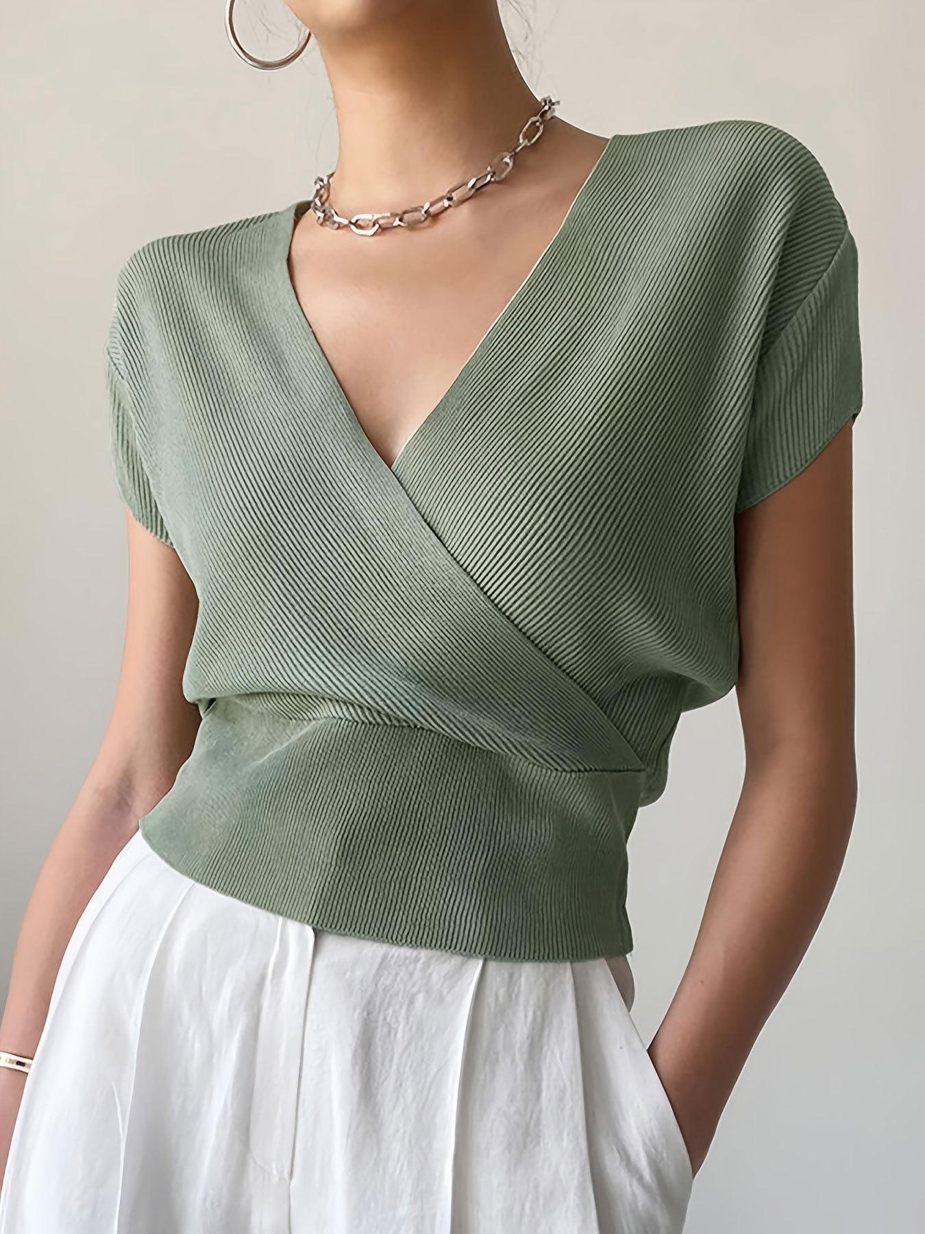 

Women s Light Green V Neck Short Sleeve Knit Top Cross Over Design Casual Blouse S