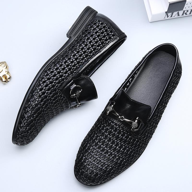 Summer men's shoes hollow breathable foot casual leather shoes men's one-pedal trendy versatile hand-woven loafers