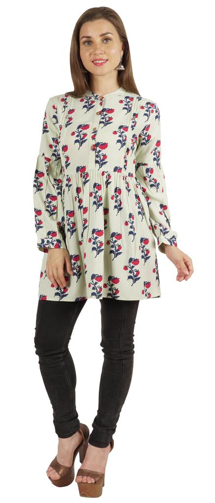 Moomaya Printed Womens Full Sleeve Tunic Mandarin Collar Fit & Flare Long