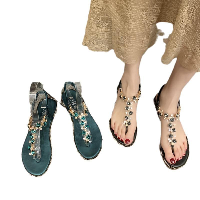 Zehensandalen Damen 2025 neu Sommer vielseitig Koreanische Version flache Zehensandalen Damenmode strahlende Diamanten Strandschuhe Damen