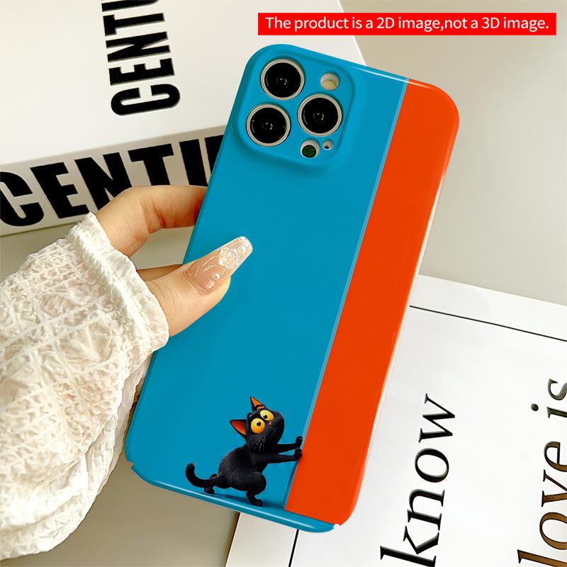 2DFlat Black Cat Peeking at Blue-Orange Wall All inclusive film hard iPhone case, compatible with iPhone 18 Pro Max 17 16 15 14 13 12 11