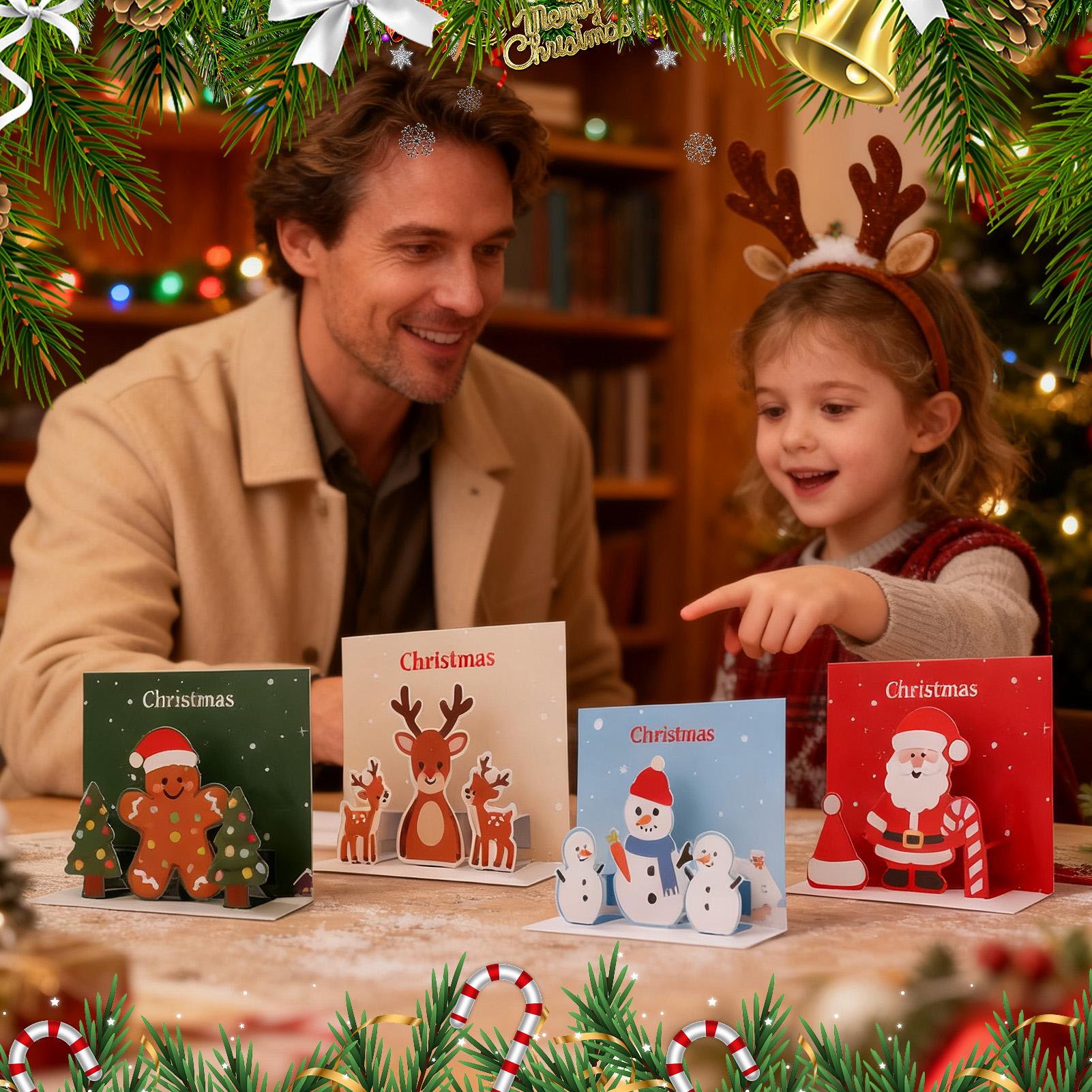 

Різдвяні вітальні листівки 4 штуки з конвертами 3D листівки «Веселого Різдва» для дітей, дорослих, друзів, колег, вчителів CHINA