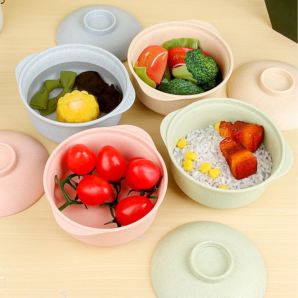 Kids Wheat Straw Instant Noodles Bowl Soup Food Container with Lid Kitchen Tableware Insulation Anti-hot Rice Bowl Dinnerware