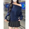 Kumikumi Gentle Temperament Sloping Shoulder Long Sleeve Knit Women Clothes Autumn Slimming All-Match Solid off-Shoulder Top