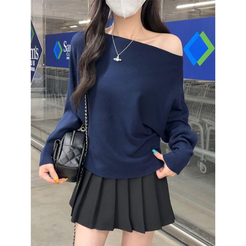 Kumikumi Gentle Temperament Sloping Shoulder Long Sleeve Knit Women Clothes Autumn Slimming All-Match Solid off-Shoulder Top