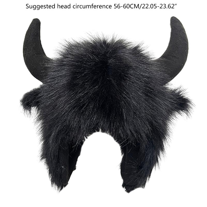 Furry Bull Hat Headwear with Cartoon Horns Halloween Gift Warm Soft Hat